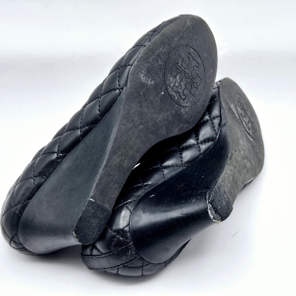 Tory Burch Black Quilted Wedges with Gold Logo - Picture 9 of 15
